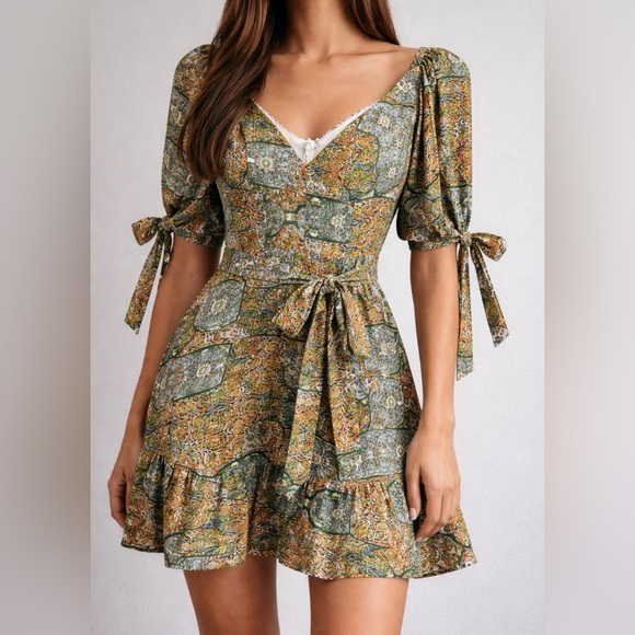 Luxxel Dresses & Skirts - Luxxel Green & Orange Boho Floral Mini Dress Size S